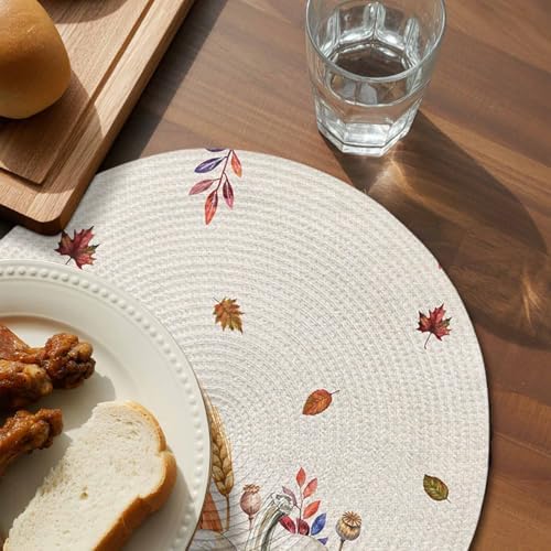 Fall Round Placemats for Dining Table Set of 6 Harvest Pumpkin Place Mats Circle Woven Placemat Maple Leaves Sunflower Wheat Braided Table Mat for Thanksgiving Kitchen Home Dinner Party Decor 15 Inch