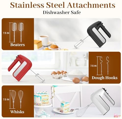 5-Speed Electric Hand Mixer, 800W Handheld Mixer with Turbo for Baking & Cooking, Kitchen Food Mixer with Storage Case & 6 Stainless Steel Attachments (2 Beaters, 2 Dough Hooks, 2 Whisks)-White