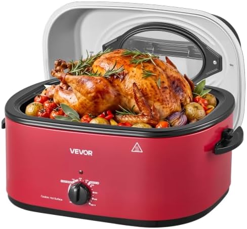 VEVOR Electric Roaster Oven, 24 Qt, Turkey Roasting Pan, Red, Viewing Lid