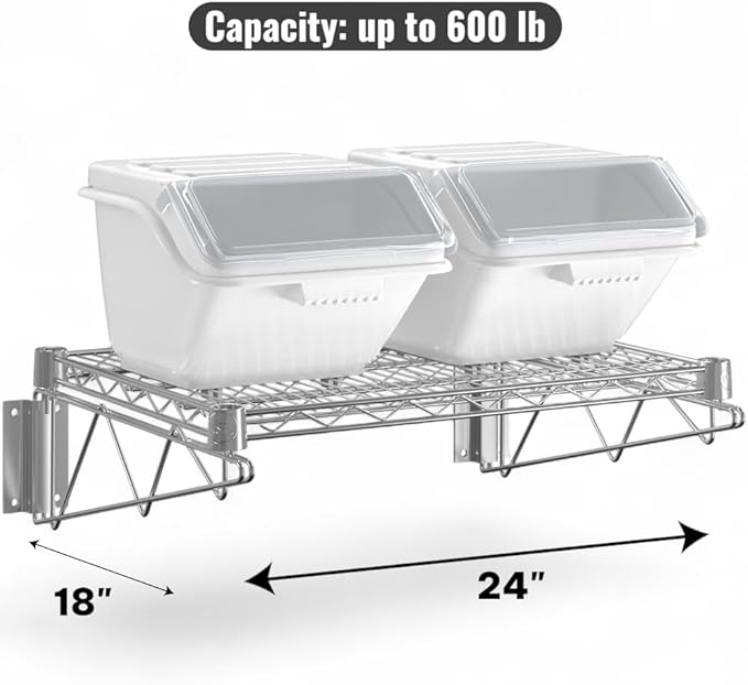 18" x 24" Chrome Wall-Mounted Wire Shelf Kit with Clip-in Ingredient Storage Bins, Heavy-Duty Steel Rack, Supports up to 600 lb, Flip-Top Lids, Open-Wire Design for Kitchen/Prep/Storage