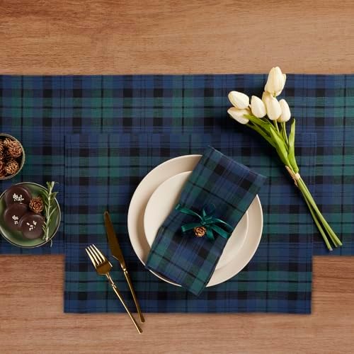 Solino Home 100% Pure Linen Table Runner, 14 x 132 in, Blue and Green Plaid