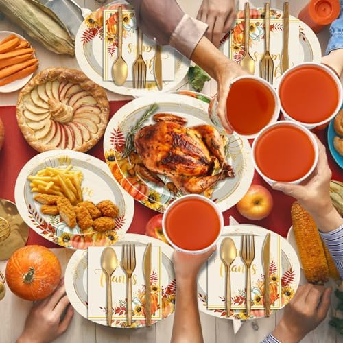 Pajean 175 Pcs Thanksgiving Fall Oval Paper Plates Gold Pumpkin Disposable