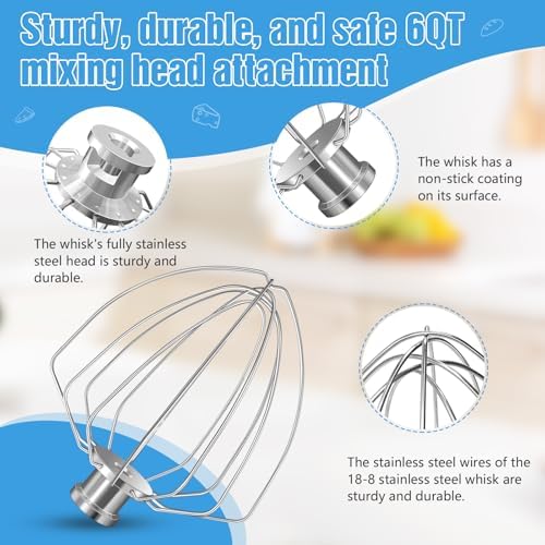 KN256 Stainless Steel Wire Whip Attachment for KitchenAid,6 Quart Bowl-Lift Stand Mixer 6 Wire Whisk Fits for KV25 KP25 KP26 KSM55,Pro 6500,Heavy Duty (KV25 KP25 KP26 KL26 KT26 KSM55 KSM6521)