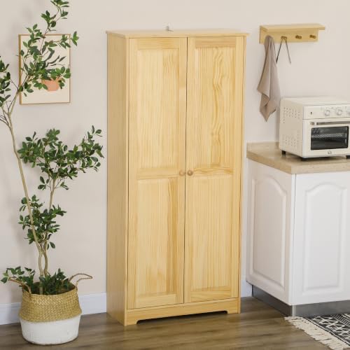 HOMCOM 67" Solid Wood Kitchen Pantry Storage Cabinet with Doors Light Brown