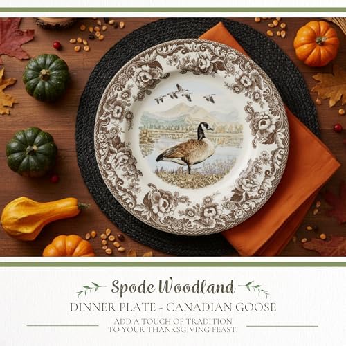 Spode Woodland Canadian Goose Dinner Plate - 10.5 Inch Fine Earthenware with British Flowers Border, Microwave, Oven, Freezer & Dishwasher Safe - Hunting-Inspired Thanksgiving Plate, Made in England