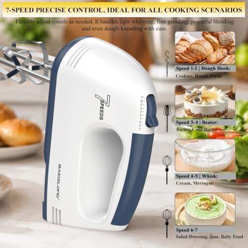 BAIGELONG Hand Mixer. 7-Speed Adjustable Kitchen Electric Mixer. With 5 Stainless Steel Attachments: 2 Hooks, 2 Beaters, 1 Whisk. Comes 1 Storage Box. Perfect for Bakers and New Starters, White