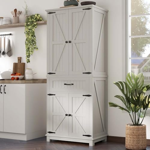 DWVO 72" Kitchen Storage Cabinet with Drawer and Adjustable Shelves, White