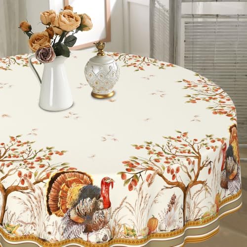 Fall Thanksgiving Double Border Decoration Tablecloth, Autumn Pumpkin Harvest Tablecloths, Waterproof Table Cover for Dinner Kitchen Party Holiday Decorations Round 70"