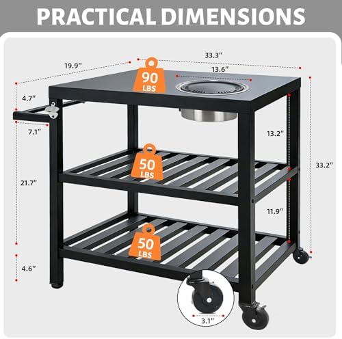 Outdoor Grill Cart with Grill Kit, Movable BBQ Prep Tables Station with Wheels, Dining Cart Table with 2-Tier Storage Cart, 33.3" Lx19.9W x33.2H Grill Table, Black
