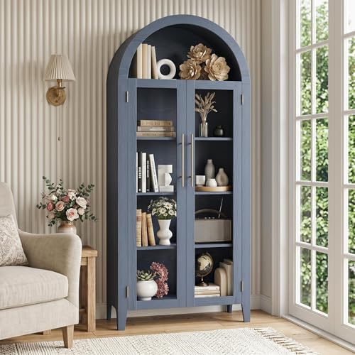 Garvee Arched Cabinet with Glass Doors, 5-Tier Kitchen Pantry Cabinet with Adjustable Shelves, Farmhouse Display Storage Cabinet for Dining Room, Living Room, Blue