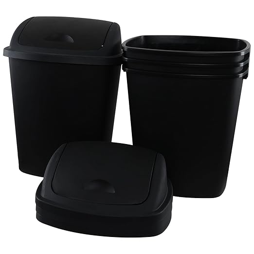 18 Gallon Large Swing-Top Garbage Can, 4-Pack Plastic Tall Swing Top Garbage Can, Black, 19.88" x 14.96" x 26.77"