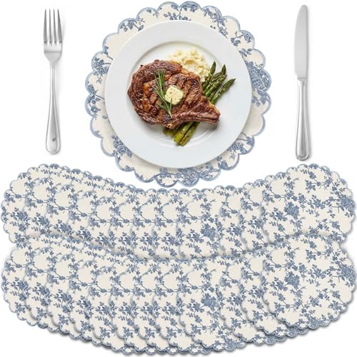 Set of 24 Blue Cotton Placemats 15" Round Scalloped Navy Blue
