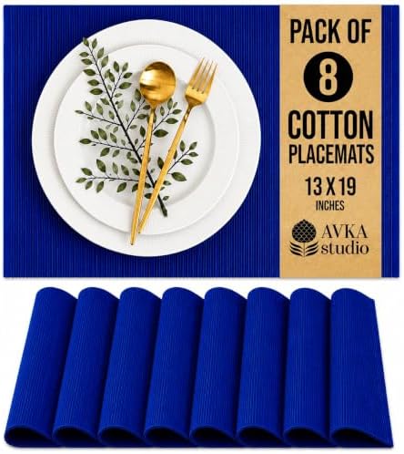 100% Cotton Ribbed Placemats - Set of 8-13 x 19 Inches - Royal Blue - Everyday Cloth Table Mats - Thick Construction, Washable & Reusable Cloth Place Mats - by AVKA Studio