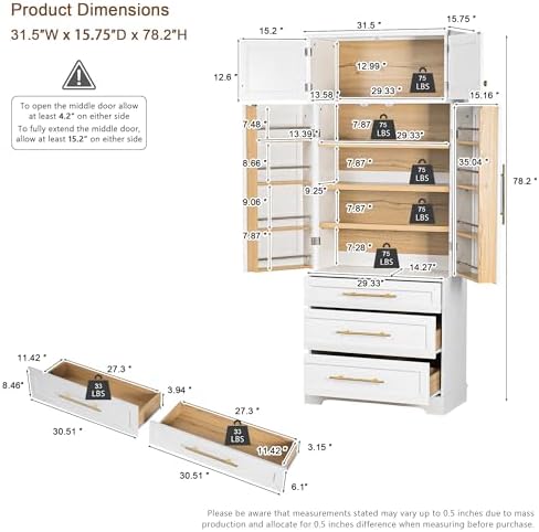 Ball & Cast 78" Tall Farmhouse Kitchen Pantry Cabinet,Freestanding Storage Cabinet with 8 Door Shelves, 3 Adjustable Shelves & 3 Large Drawers, Kitchen Pantry Cupboard for Dining Room, Bathroom, White