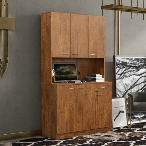 KEIKI 70.87" Tall Kitchen Pantry Storage Cabinet with Countertop, 6-Doors, 1 Drawers, Microwave Stand and Shelves, Freestanding Wood Hutch Food Pantries Cupboard for Coffee Bar, Dining Room