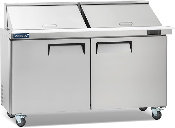 ICECASA 60" W Commercial Refrigerator Sandwich&Salad Prep Table Mega Top 2 Door Stainless Steel Counter Fan Cooling Refrigerator with 24 pans-60 Inches for Restaurant, Bar, Shop, etc