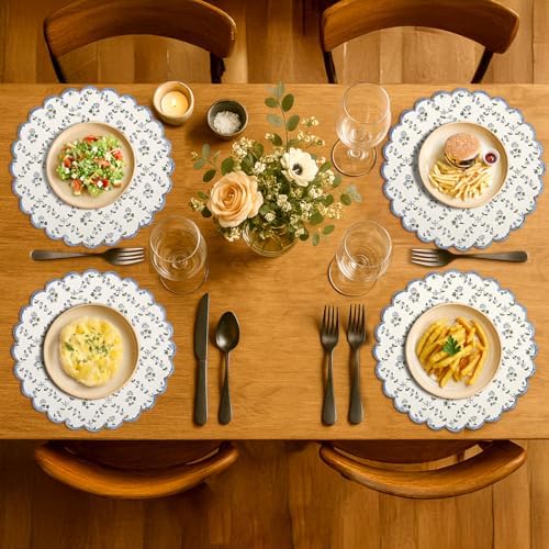 Ridhi Floral Block Print Round Placemats 15 Inch, Set of 4, Powder Blue