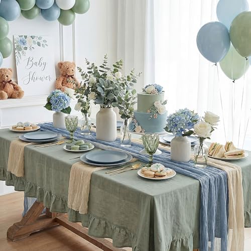 8 Pcs Sage Green and Dusty Blue Cheesecloth Table Runner 118"