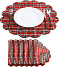 Beeveer 6 Pcs Quilted Placemats Round Plaid Red, Scallop Thanksgiving