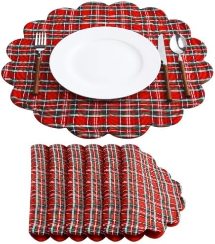 Beeveer 6 Pcs Quilted Placemats Round Plaid Red, Scallop Thanksgiving