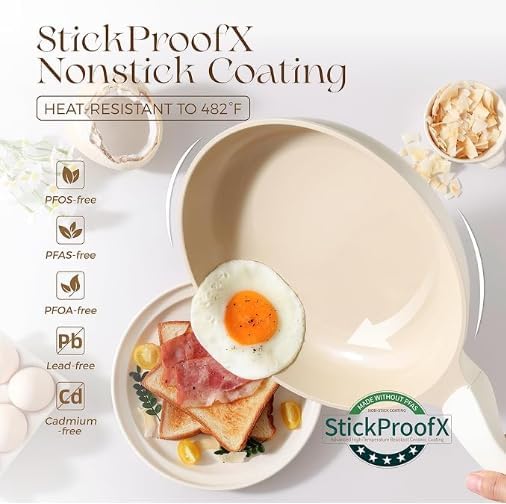PRICUSIS 5Pcs Nonstick Ceramic Frying Pan Set, 8+10+12 Inch Induction Compatible with Stay Cool Handle, Fully Coated, 100% Dishwasher Safe, Healthy PTFE PFAS & PFOA Free Omelet Pans (Coconut White)