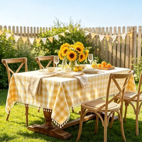 Alsoo Fall Checkered Tablecloth Rectangle Cotton Linen Fabric Gingham Table Cloth Buffalo Plaid Table Cover with Tassel Wrinkle Free Washable for Kitchen Dining Picnic, Yellow and White, 55X120''