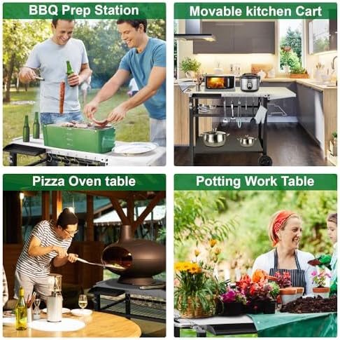 Outdoor Grill Cart Pizza Oven Stand, Three-Shelf Stainless Steel Food Prep Table Patio BBQ Grill Table Bar Cart Kitchen Island with Wheels