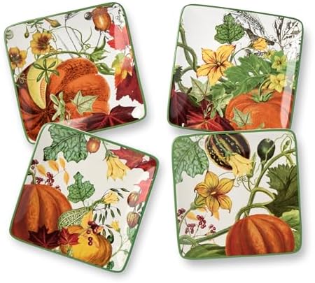 Harvest Fields 6” Ceramic Canapé Plates – Set of 4 Farmhouse Appetizer & Dessert Plates with Autumn Pumpkin Designs – Perfect for Snacks, Cheese, Hors d’Oeuvres & Thanksgiving Entertaining