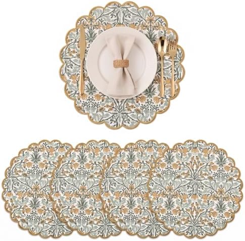 Ridhi Floral Block Print Round Placemats 15 in, Set of 4, Goldenrod Yellow
