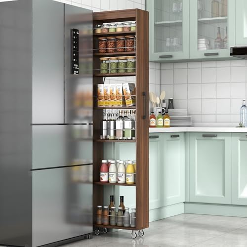 KEIKI 7 Tier Pull-Out Kitchen Pantry Storage Cabinet, Multi-Tier Single-Sided Open Shelf, Spice Rack Next to Fridge, Wood Hutch Food Pantries Cupboard for Coffee Bar, Dining Room, Narrow Spaces
