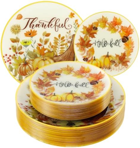 EjonirInjonir 60Pcs Elegant Thanksgiving Plastic Plates For Fall Dinner