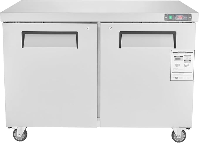 VEVOR 48" W Commercial Freezer Worktop, 12.9 Cu. Ft Undercounter Freezers with/Casters, <0~-8℉>Defrost Frozen Prep Table, 2 Doors Stainless Steel Food Frozen Prep Station for Restaurant, Diner, Bar