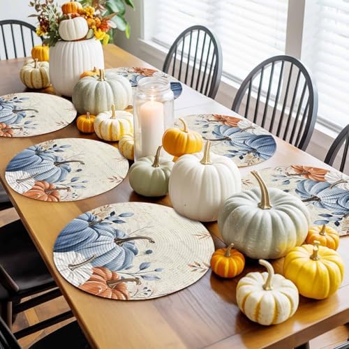 Fall Round Placemats Set of 8 Thanksgiving Blue Pumpkin Place Mats Washable Woven Placemat Autumn Eucalyptus Leaves Circle Braided Table Mat for Kitchen Dining Table Holiday Party Fall Decor 15 Inch