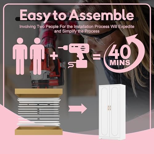 UNICOLY 60" Kitchen Pantry Cabinet, Metal Storage Cabinet with Doors and Adjustable Shelves, Tall Steel Cabinets for Kitchen, Living Room, Dining Room, Assembly Required, White