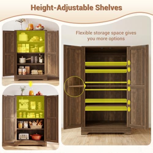Unikito Kitchen Pantry Cabinet with Adjustable Shelves, Weathered Brown