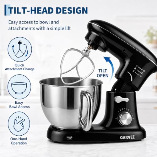 Garvee 5.3 QT Tilt-Head Stand Mixer, 500W Motor, 10-Speed Electric Kitchen Mixer with Stainless Steel Bowl, Dough Hook, Flat Beater & Wire Whisk for Bread Dough, Cake, Cookies & Pizza, Black
