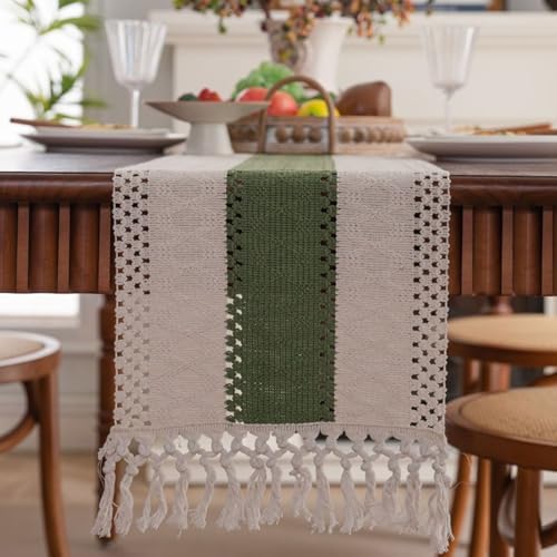 Niviy Dark Green Table Runner 72 Inches Long with Tassels, Seasonal Spring Summer Washable Embroidered Striped Braided Boho Table Runners for Holiday Party 12 x 72 Inches