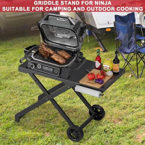 Grill Stand for Ninja Woodfire Outdoor OG700 OG800 Series, Portable Folding Grill Table Cart for Ninja Woodfire OG701 OG850 OG951 and OO101 Pizza Oven with Side Table
