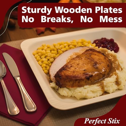 Perfect Stix 10-Inch Wooden Plates with “Friendsgiving” Printed in Burgundy – Eco-Friendly Biodegradable Disposable Dinner Plates – Fall Tableware for Thanksgiving & Friendsgiving Parties – Pack of 25