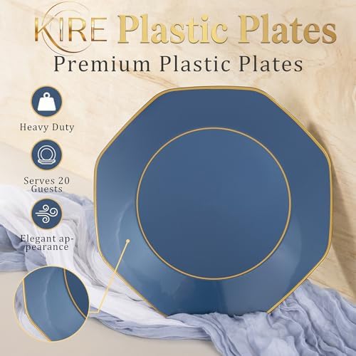 KIRE 140Pcs Blue Plastic Plates with Gold Rim - Navy Blue Plates for Party