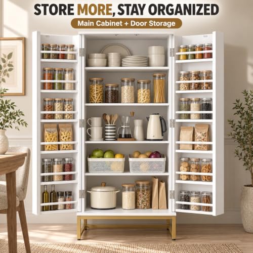 kepptory 51" Kitchen Pantry Cabinet, Freestanding Food Storage Cabinet with Adjustable Shelves and Door Racks, Tall White Kitchen Cupboard with Gold Metal Base and Handles for Dining Room
