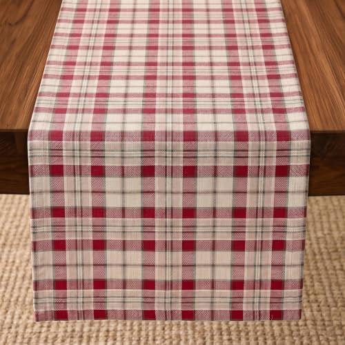 Solino Home 100% Pure Linen Table Runner Plaid, Almond Plaid 14 x 60 in