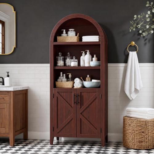 Garvee Arched Cabinet with Doors, 5-Tier Kitchen Pantry Cabinet with Adjustable Shelves, Wooden Open Farmhouse Storage Organizer for Kitchen, Dining Room, Living Room, Home Office, Walnut
