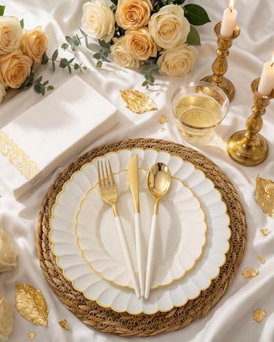 Ciaell 175 Piece Ivory and Gold Plastic Plates for Weddings Parties