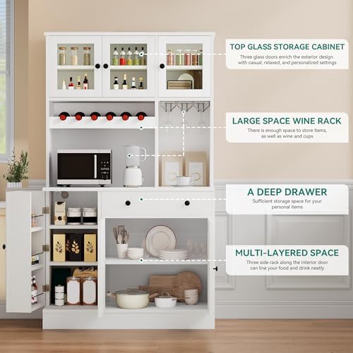 YITAHOME 71" Kitchen Pantry Cabinet with Wine Rack & Power Outlet, White