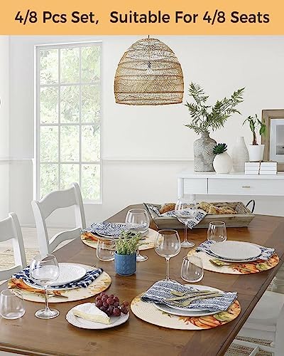 Round Placemats Set of 8 Orange Pumpkin Fall Place Mats Autumn Maple Leaf Circle Braided Placemat Heat Resistant Table Mat for Thanksgiving Autumn Harvest Holiday Decorations, 15 Inch