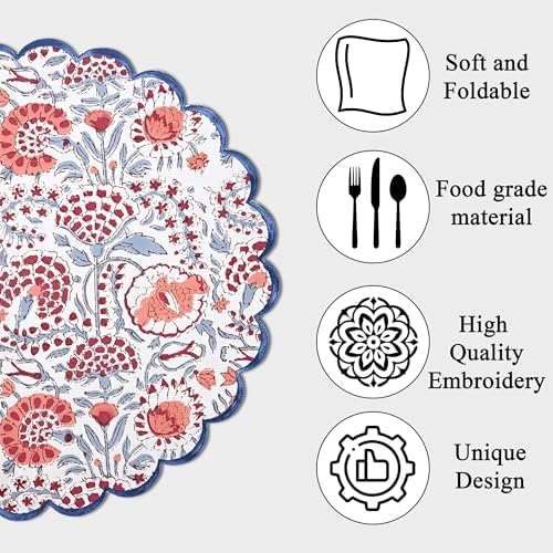 Ridhi Floral Block Print Round Placemats 15 Inch Set-4, Pigeon Blue & Pink