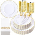 Ciaell 175 Piece White and Gold Plastic Plates for Weddings Parties