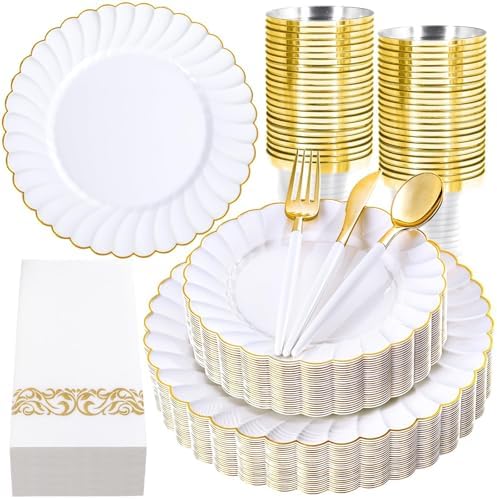 Ciaell 175 Piece White and Gold Plastic Plates for Weddings Parties