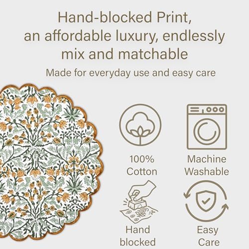 Ridhi Floral Block Print Round Placemats 15 in, Set of 4, Goldenrod Yellow